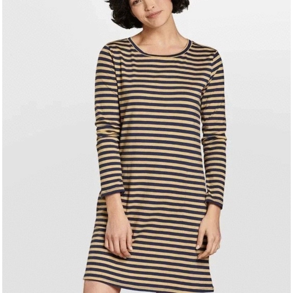 Toad&Co Windmere Striped Dress Small Mustard Navy Pockets Tencel Knit Pockets‎